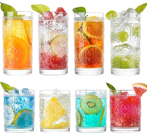 wookgreat Vintage-Trinkgläser, Set mit 8 handgemachten Glasgläsern, 4 hohe Gläser (380 g) und 4 Steingläser, Mojito-Gläser, Cocktailgläser, Bargläser-Set