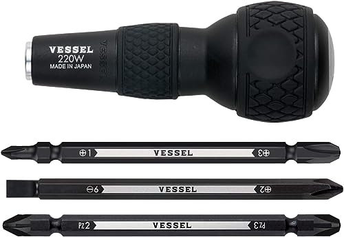 VESSEL Interchangeable Ball Grip Screwdriver Set with 1/4” Hex. Bit | Includes 3 Bits: +1, 3/+2, -6/PZ2, PZ3