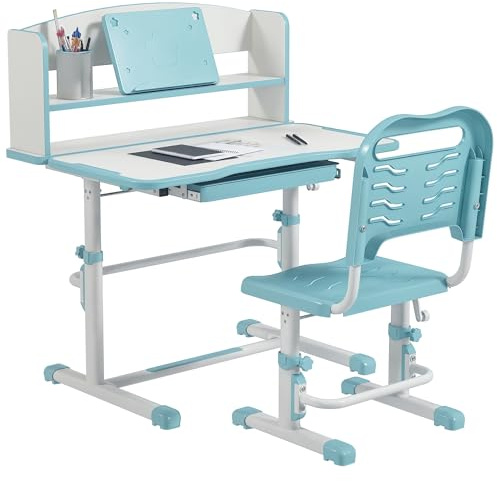 ZONEKIZ Scrivania per Bambini con Sedia, Set Banco Scuola Regolabile in Altezza con Cassetto e Piano Inclinabile, Età 6-12 Anni, Blu
