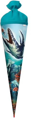 ROTH Schultüte groß Dino Mosasaurus 70 cm, rund, Rot(h)-Spitze, Filzverschluss - Zuckertüte, Dino Mosasaurus, Schulanfang