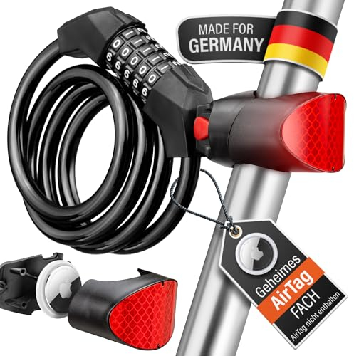 WebfoxTec® Zahlenschloss mit AirTag Versteck - Robustes Fahrradschloss mit Zahlencode & Halterung für GPS Tracker Fahrrad - Auch für Android Moto Tag - Zahlenschloss Fahrrad