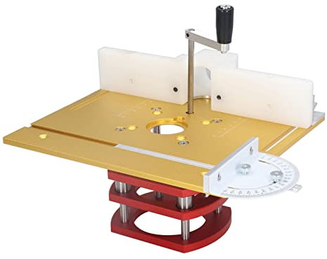 JDQTPOET Router Lift with Top Plate, Router Lift Systems for 2-4/7 Diameter Motors, 7-7/8 x 9-7/16 Plate, Trim Router Table with Insert Plate Kit for Woodworking Slotting Chamfering (Gold)