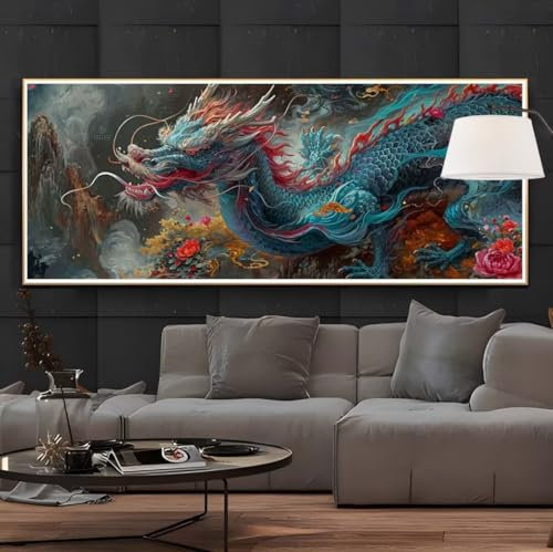 Diamond Painting China Drache Diamond Painting Groß xxl 150 X 60 cm, DIY Diamant Painting Bilder, 5D Diamond Painting Erwachsene Vollrunde Bohrer Diamond-Painting Crafts, Haus Wand Dekoration -59FC