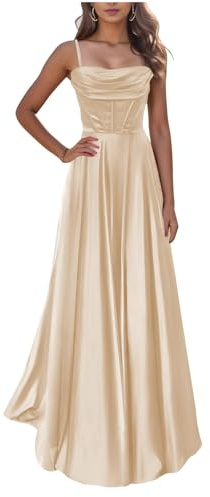 KURFACE Robes de bal en satin pour adolescentes avec col écolier, en forme de A, bretelles fines et longue robe de bal formelle pour femmes, champagne, 34