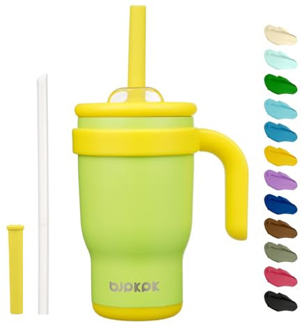 BJPKPK Vaso de viaje aislado de 14 onzas con asa y popote, botella de agua de acero inoxidable, taza aislada al vacío de doble pared, para el trabajo, coche, viajes, color verde