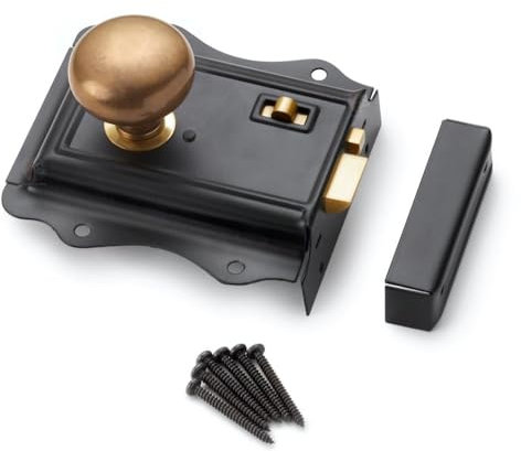 Vintage Black Brass Victorian Rim Lock with Antique Cottage Door Knobs