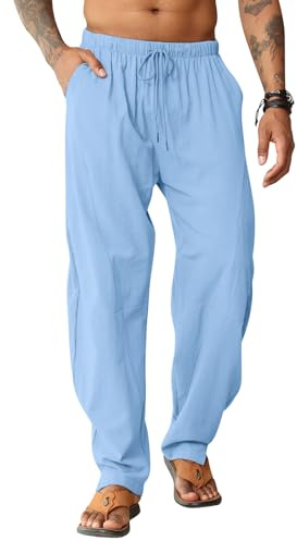 EDITCOZY Pantaloni Lino Uomo Pantalone da Spiaggia Sciolti Hippy Harem Pantaloni Elastico Cotone Lunghi Pantalone Yoga Blu 2XL
