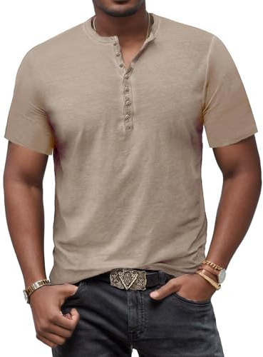 YawYews Herren T Shirt Henley Kurzarm T-Shirts für Herren Baumwolle Slim Fit Sommer V Ausschnitt Vintage Khaki XL