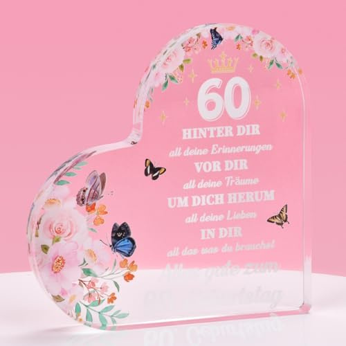 Geschenke zum 60. Geburtstag für Frauen,Herzförmige Acryl-Tischschmuck/Briefbeschwerer Geburtstagsgeschenk für frauen mama oma 60,Personalisiertes Geschenkidee