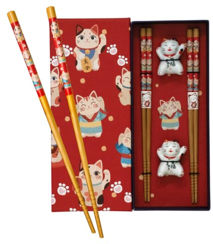 JADE TEMPLE Essstäbchen aus Bambus, im Maneki-Design, mit Halter aus Porzellan, wiederverwendbar, Stäbchen mit Rillen ideal für Anfänger und Kinder, braun, 22,5 cm, 2 Paar je Premium-Geschenkbox