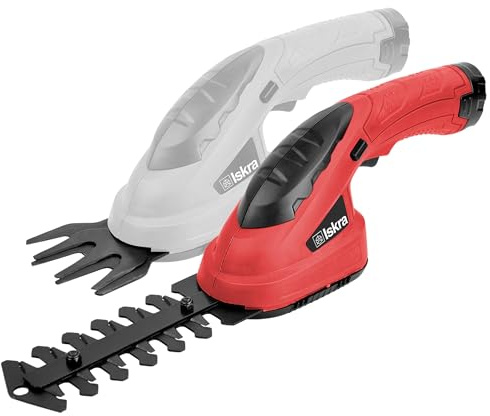 Iskra effiziente Akku Gras- und Strauchschere, Lithium-Ionen 1,5Ah, 3,6V Akku Gartenschere, 1000 U/min, 80 mm Schnittbreite, 110 mm Schnittlänge, 2 Aufsätze