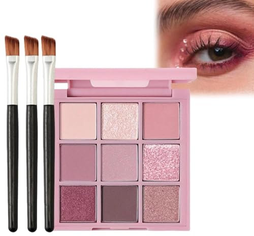 Pink Makeup Palette，3PCS Eyeshadow Brushes- 9 Color Glitter, Matte, Shimmer Eye Shadows, Bright, Long Lasting, Highly Pigmented