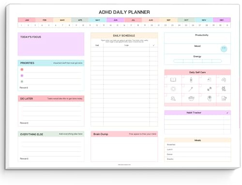 ADHD - Blocco note giornaliero per adulti neurodivergenti, produttività, agenda giornaliera da scrivania e gestione delle attività, per rimanere organizzati e concentrati (arcobaleno, formato A4