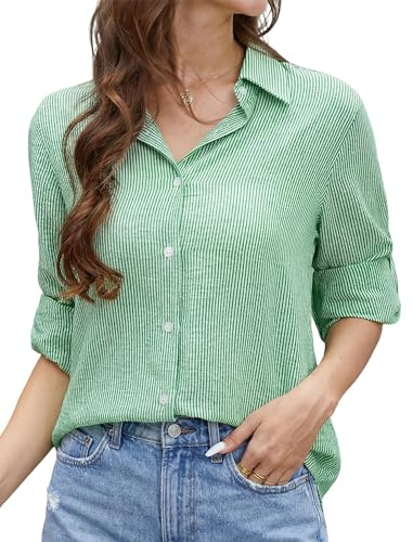 Enmain Camicia Donna Manica Lunga a Righe Verde Cotone Camicie Lino Donna Elegante da Ufficio Casual Blusa Estiva con Bottoni, L