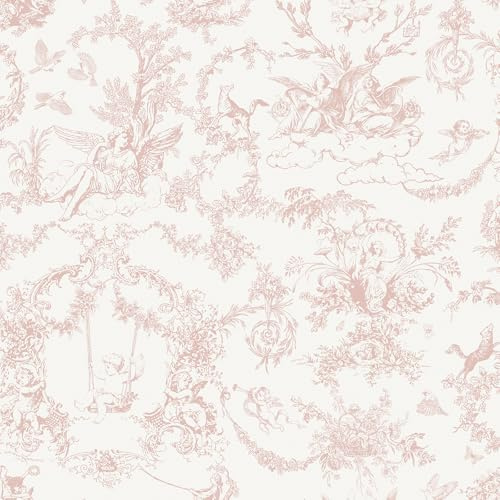 Yomshi Rosa Selbstklebende Tapete Engelbaum und Tiere Kunststoff-Vinyl-Rollenfolie im Vintage-Gartenstil Kontaktpapier Abnehmbare Möbelaufkleber für Schlafzimmer, Wohnzimmer und Schränke 44cm × 3m