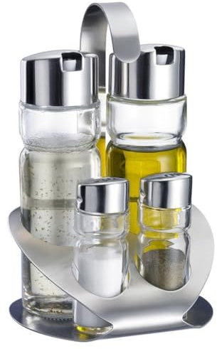 MGE - Set Oliera e Acetiera Antigoccia in Vetro - Oliera Acciaio Vetro - Bottiglie Dispenser per Olio e Aceto - Contenitori da Cucina per Olio d’Oliva - Contenitore Olio Cucina + Saliera e Pepiera