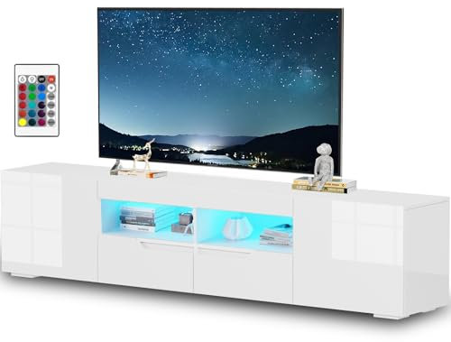 LSBIKE Hochglanz TV Schrank 200 cm mit 16 LED Farben – Modernes TV Lowboard für 65–85 Zoll Fernseher, TV Möbel mit 2 Schubladen & Schränken, Griffloses TV Board für Wohnzimmer (Weiß)