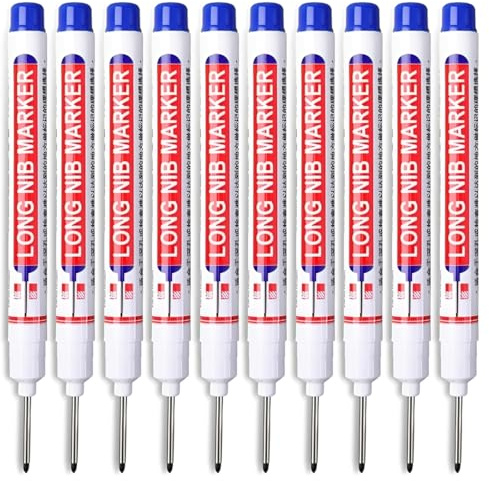 XPEX 10 Pezzi Pennarello per Tessuti Indelebile,Punta di Penna Extra lunga 20mm, Pennarelli per Fori Profondi,Impermeabile, Adatto per Cantieri, legno, Metallo(Blu)