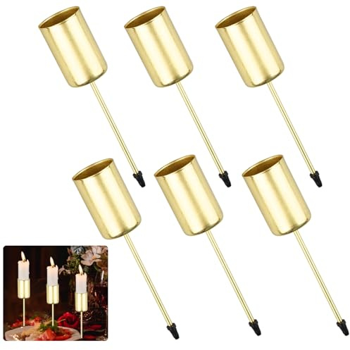 6 Set Goldene Kerzenstecker mit Dorn Kerzenhalter für Stabkerzen Metall Vintage Kerzenständer Kommunionkerze Wurzelholz Deko Stoff Nagel Kerzenhalter Taufkerze Stumpenkerzen DIY Kranz(Gold, Zylinder)