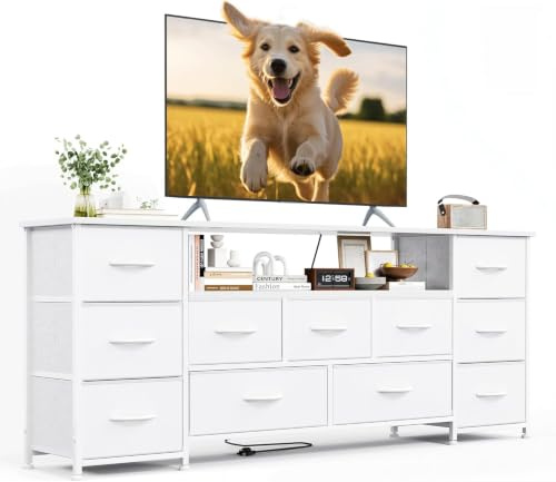 VERMESS 63 Tv Cabinet, Dresser for Bedroom with 11 Fabric Drawers, TV Stand with Power Socket for TVs up to 70, TV Units for Living Room, Bedroom, White