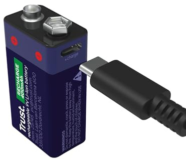 Trust USB-C 9V Battery Rechargeable, Built-in USB C Port, No Batteries Charger Necessary, 4.44Wh Capacity, Recharge via Phone Cable/Charger/USB Port, Square Battery for Smoke Alarm Detector