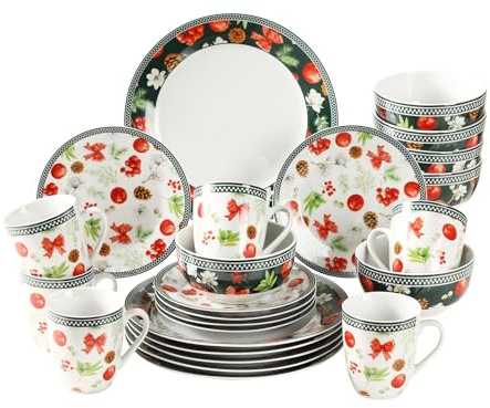 simpa 24PC Christmas Flora Orchard Ceramic Dinner Set. 6 Dinner Plates, 6 Side Plates, 6 Bowls & 6 Mugs. Dishwasher & Microwave Safe.