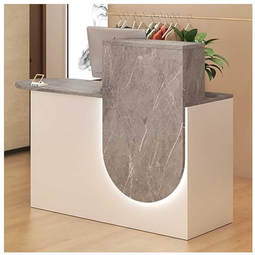 Reception Desk with Counter, Modern Front Desk with LED Lighting, Small Reception Room Table with Lockable Storage Drawer, Checkout Counter for Beauty Salon, Lobby,Grey 2,39”x18”x39”