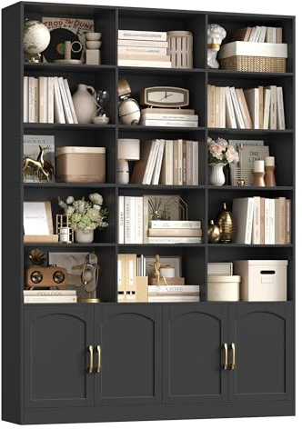 FirFurd 209 cm Libreria Verticale, Libreria da Parete con 15 Scomparti Aperti, Scaffale Portaoggetti in Legno a 4 Ante, Vetrinetta Soggiorno, per Studio, Ufficio, Soggiorno, 150x23.7x209cm (Nero)