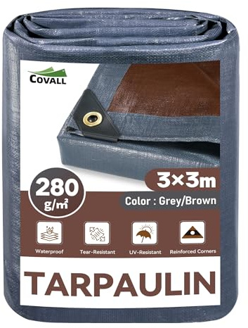 COVALL Tarpaulin 3x3m Waterproof Extra Heavy Duty, 280g/m² Plastic Sheeting