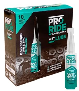 PRORIDE Wet Lube Monodosis 10 × 5 ml Lubricante Cadena Bicicleta | Lubricante húmedo con PTFE y aditivos antidesgaste | Condiciones húmedas, barro y suciedad extrema