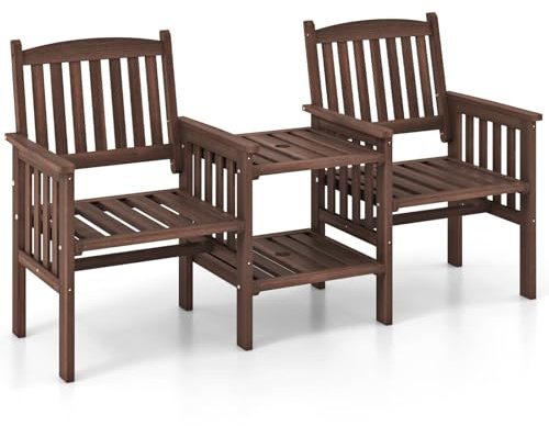 SFAREST Wooden Garden Loveseat, Solid Wood Bench Seat with 2 Tier Coffee Table & Built-in Umbrella Hole, Outdoor Patio Chairs Conversation Furniture Set for Backyard Porch (Brown, 165 x 60 x 88 cm)