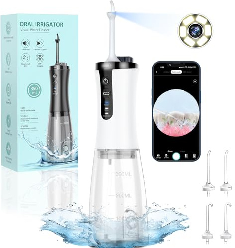 AZHE Visuell Munddusche Kabellos, IPX7 Wasserdicht, 5 Multifunktionale Jet-Tipps, 350ML WassertankTestsieger 2026 für Oral Health Enthusiasten Tägliche und Reisen, Weiß