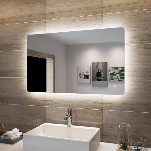 SONNI Badrumsspegel 100 x 60 cm, badrumsspegel med LED-belysning, anti-dimma, ljusspegel, IP44, LED-väggspegel med touch-strömbrytare, kallvit/neutral vit/varmvit