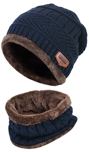 Thenice Enfant Bonnet Echarpe Garçon Fille Hiver Chapeau Chaud Tour de Cou (Bleu Marine)