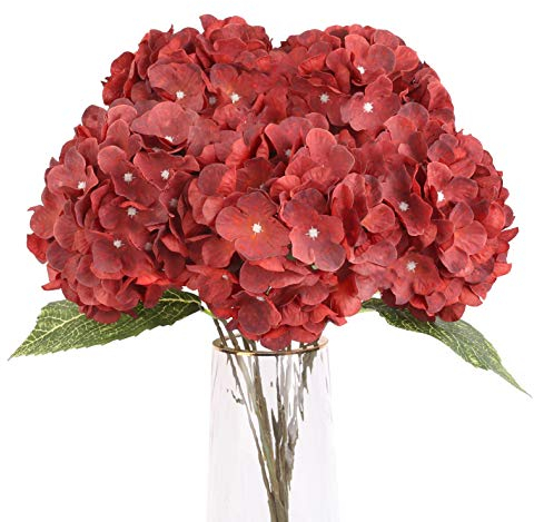Louiesya Fiori artificiali di ortensia in seta con 5 grandi teste di fiori finti per bouquet di fiori finti per casa, matrimoni, feste, fai da te (rosso scuro, 5 capolini)
