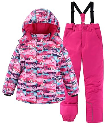 M2C Girls' Winter Thicken Warm Hooded Ski Snowsuit Jacket & Pant 8/9 Rose Doodle