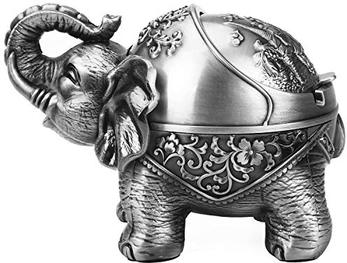 LAUYOO Metal Elephant Ashtray with Lid Windproof Ashtray Outdoor, Indoor Ashtrays for Weed, Vintage Practical Decoration Ashtrays for Cigarettes Great Gift for Men Women(Pewter)