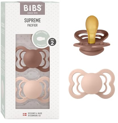 BIBS Supreme Schnuller, 6-18 Monate, 2er-Pack, Woodchuck/Blush | Symmetrischer Sauger | Naturkautschuklatex | Größe 2 | BPA-frei | Hergestellt in Dänemark | Hohe Akzeptanz | Luftlöcher