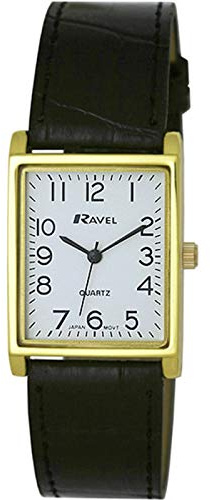 Ravel - Unisex Traditional Rectangular Watch with Clear Numeral Dial - Gold Tone/Black