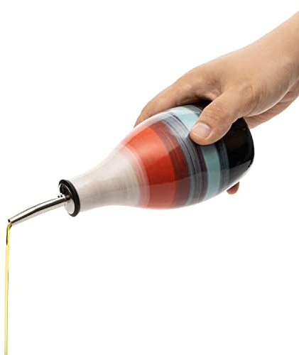 GUTE Cruet Ceramic Olive Oil & Vinegar Dispenser Bottle – Pottery Dressing Server – 400ml Condiment Cruet with Pourer Stopper – Kitchen Carafe for Cooking Ceramic Server 6 H 3 W Multicolored