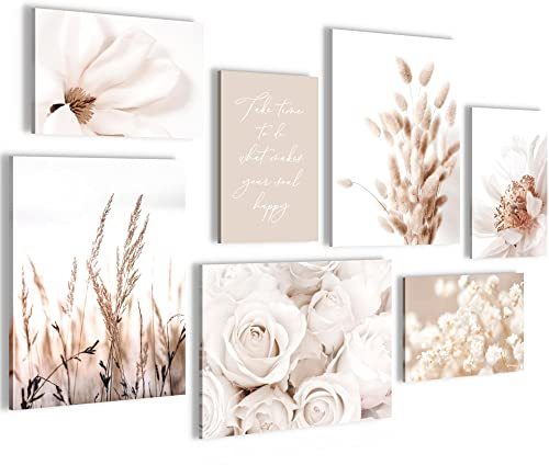 Novart Wandbilder Boho Blumen - KOMPLETT AUFHÄNGFERTIG - Beige Wohnzimmer Schlafzimmer - 7 Moderne Mood-Bilder - N023271a