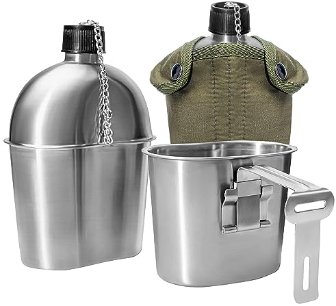 Afranti Gourde Militaire en Acier Inoxydable 1L Bouteille d'Eau Armée Portable avec Gobelet 0.5L et Manchons pour Randonnée Camping Escalade et la plupart des Activités de Plein Air