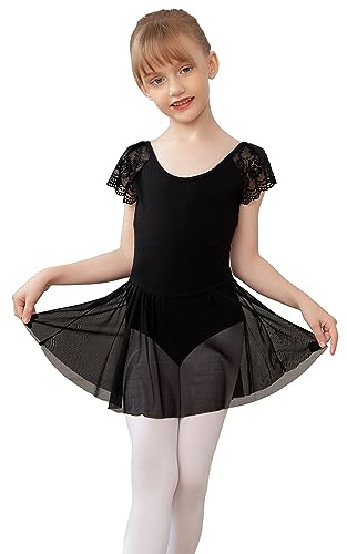 AOQUNFS Niñas Ballet Manga Corta Ruffle Vestidos de Ballet Gimnasia Traje de Danza Leotardo con Falda de Malla, 118-Negro,6-7Años