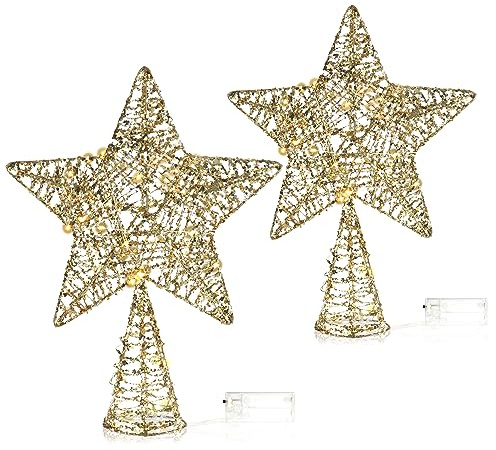 COM-FOUR® 2X LED Deko Stern Weihnachten - Weihnachtsdekoration Stern mit LED und Timer - Aufsteller Weihnachtsstern mit Pailletten (2 Stück goldfarben/39cm)