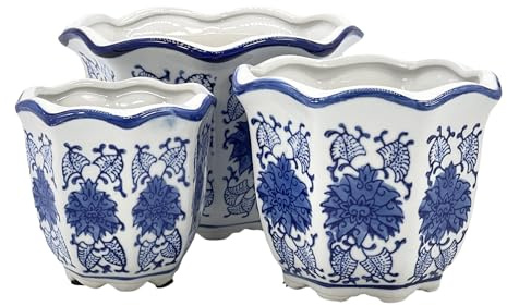 Galt International Dekorativer Blumentopf, Porzellan, Keramik, Blumenmuster, 20,3 cm, 15,2 cm, 11,4 cm, chinesisches asiatisches Design, 3 Stück, rund geriffelt