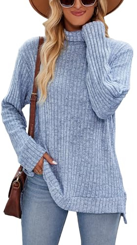 Famulily Women's Longline Jumper Sweater High Neck Long Sleeve Side Split Ribbed Winter Clothes Tops (L, Blue)