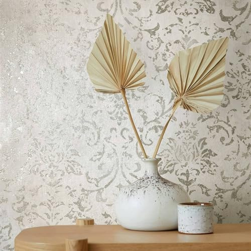 K&L Wall Art orientalische Vliestapete glänzende Vintage Strukturtapete Wohnzimmer Bilder barocke Luxustapete inkl. Tapezier-Ratgeber (Damast Beige)