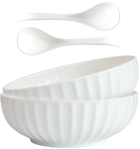 4 Quarts 2 Pcs Extra Large White Serving Bowls with Free Spoons, 12 inch Oversized Big Salad Bowls For Entertaining, Eating, Ceramic Serving Dishes, Pumpkin Serving Bowl Set For Fruit Soup Pasta
