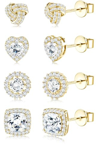 ZELORES Sterling Silver CZ Stud Earrings for Women 14K Gold Plated Cubic Zirconia Earrings Studs 4 Pairs Brilliant Celtic Heart Big Stud Earrings Set for Sensitive Ear (14K Gold Plated-Set 1)