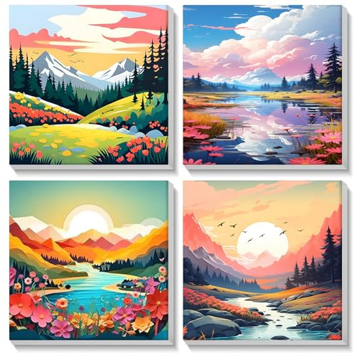 MOGTAA 4 Pack Landschaft Malen Nach Zahlen Mit Rahmen, Berge und Flüsse Set für Erwachsene Kinder, DIY Ölgemälde Leinwand Set, Acryl-Malen für Home Deko Geschenk 20x20cm